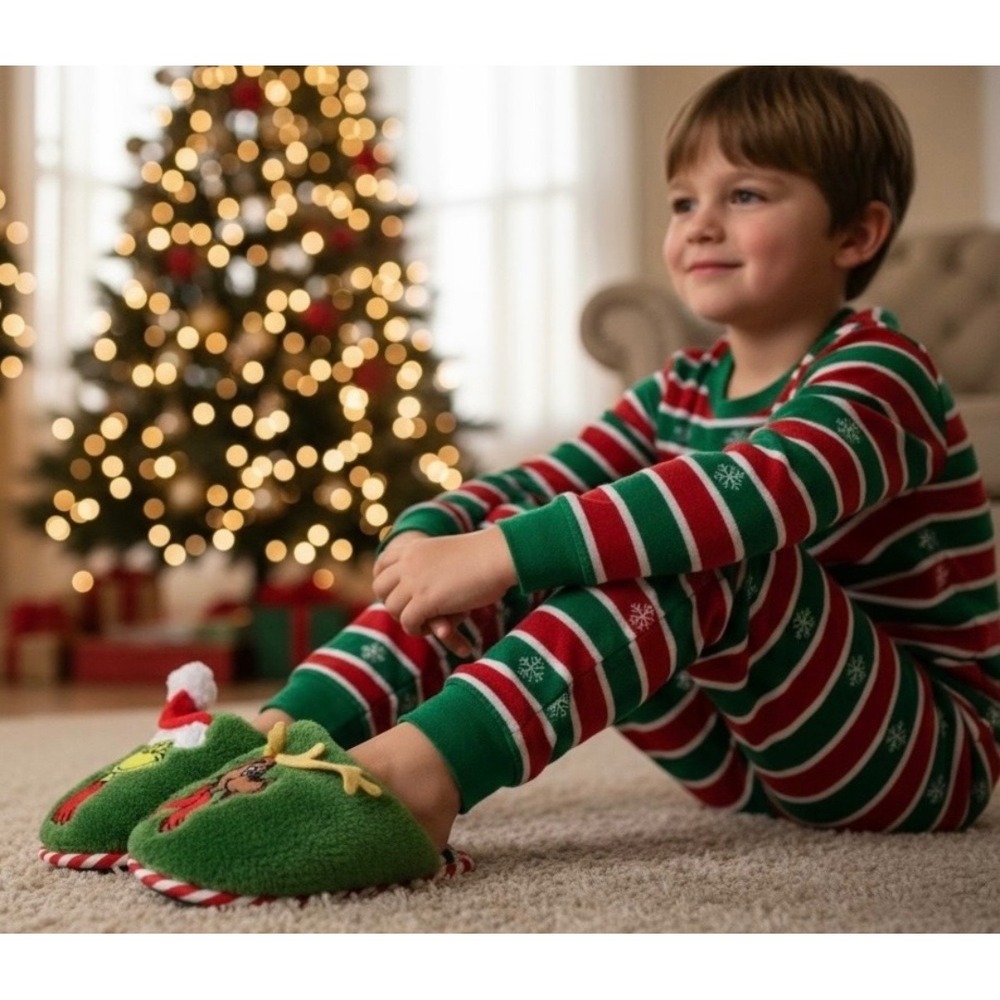 NEW Dr Seuss The Grinch Kids Slippers Green Red Holiday Max Reindeer Size S 9/10